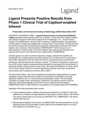 Ligand Presents Positive Results from Phase 1 Clinical Trial of Captisol-Enabled Iohexol