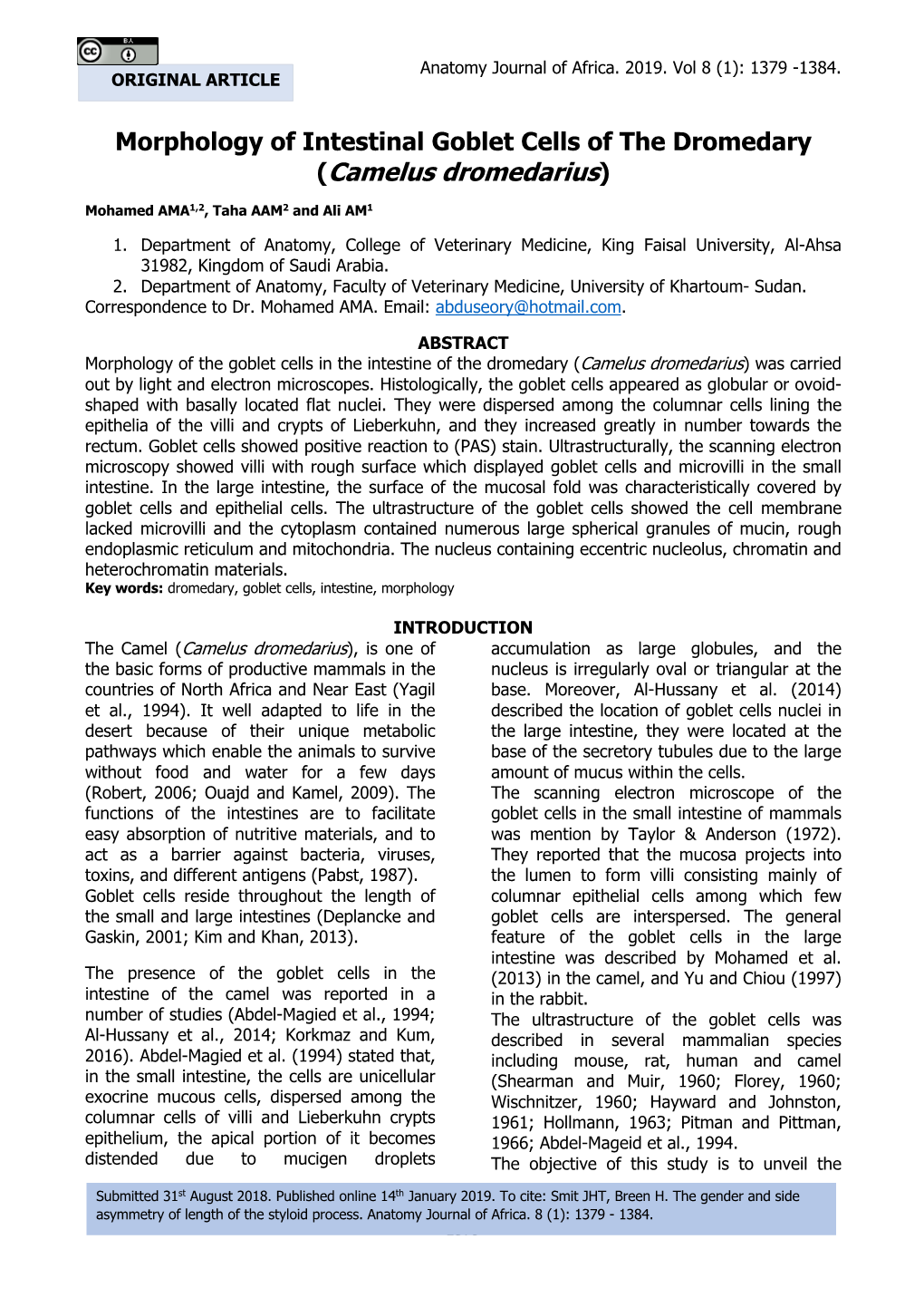 Morphology of Intestinal Goblet Cells of the Dromedary (Camelus Dromedarius)