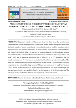 ARSENIC OCCURRENCE in GROUND WATER and SOIL of UTTAR PRADESH, INDIA and ITS PHYTOTOXIC IMPACT on CROP PLANTS Neha Vishnoi1, Sonal Dixit2, Y