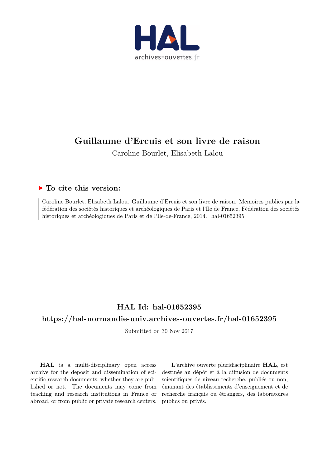 Guillaume D'ercuis Et Son Livre De Raison