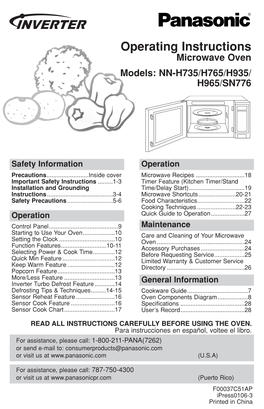 Operating Instructions Microwave Oven Models: NN-H735/H765/H935/ H965/SN776