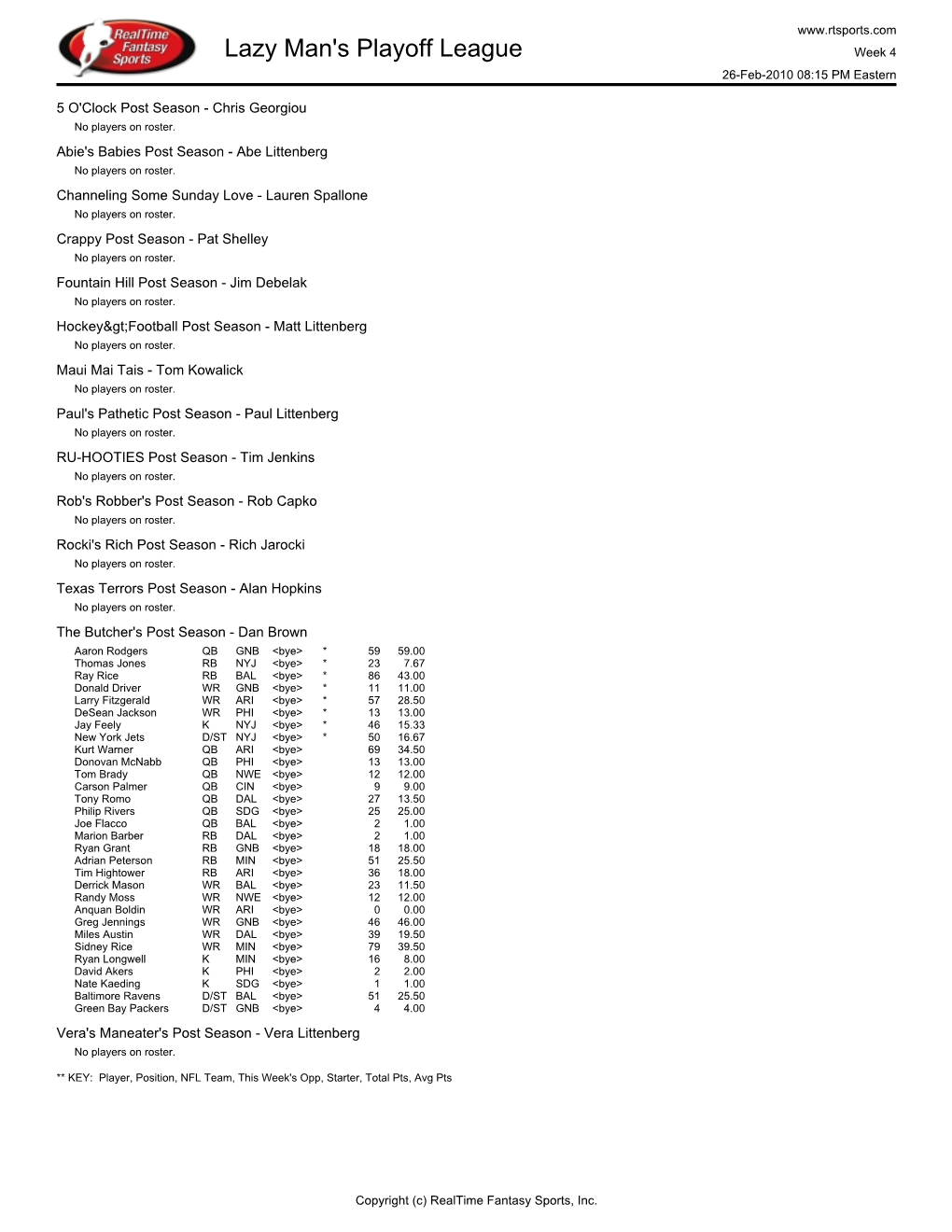 Lazy Man's Playoff League Week 4 26-Feb-2010 08:15 PM Eastern