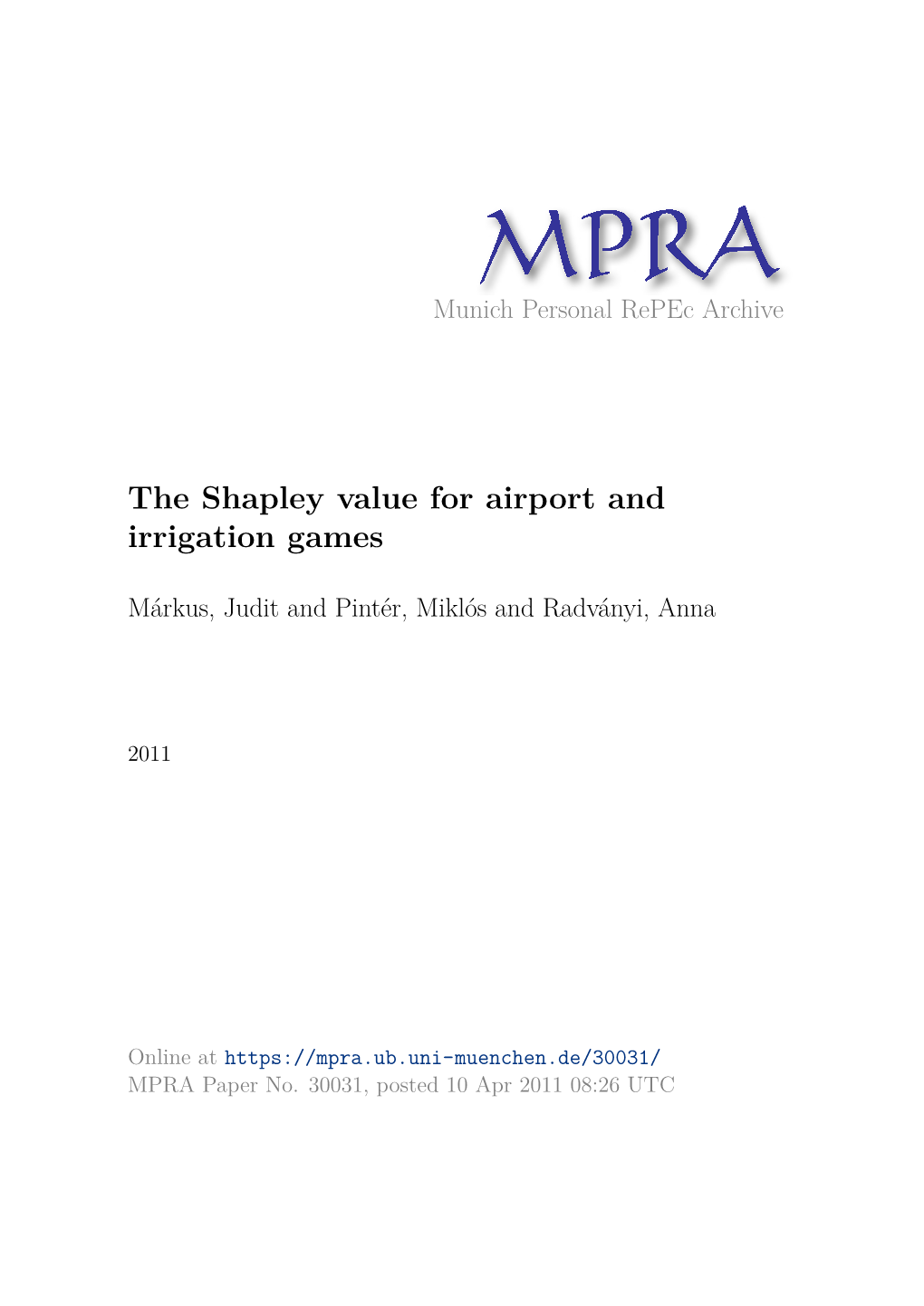 The Shapley Value for Airport and Irrigation Games