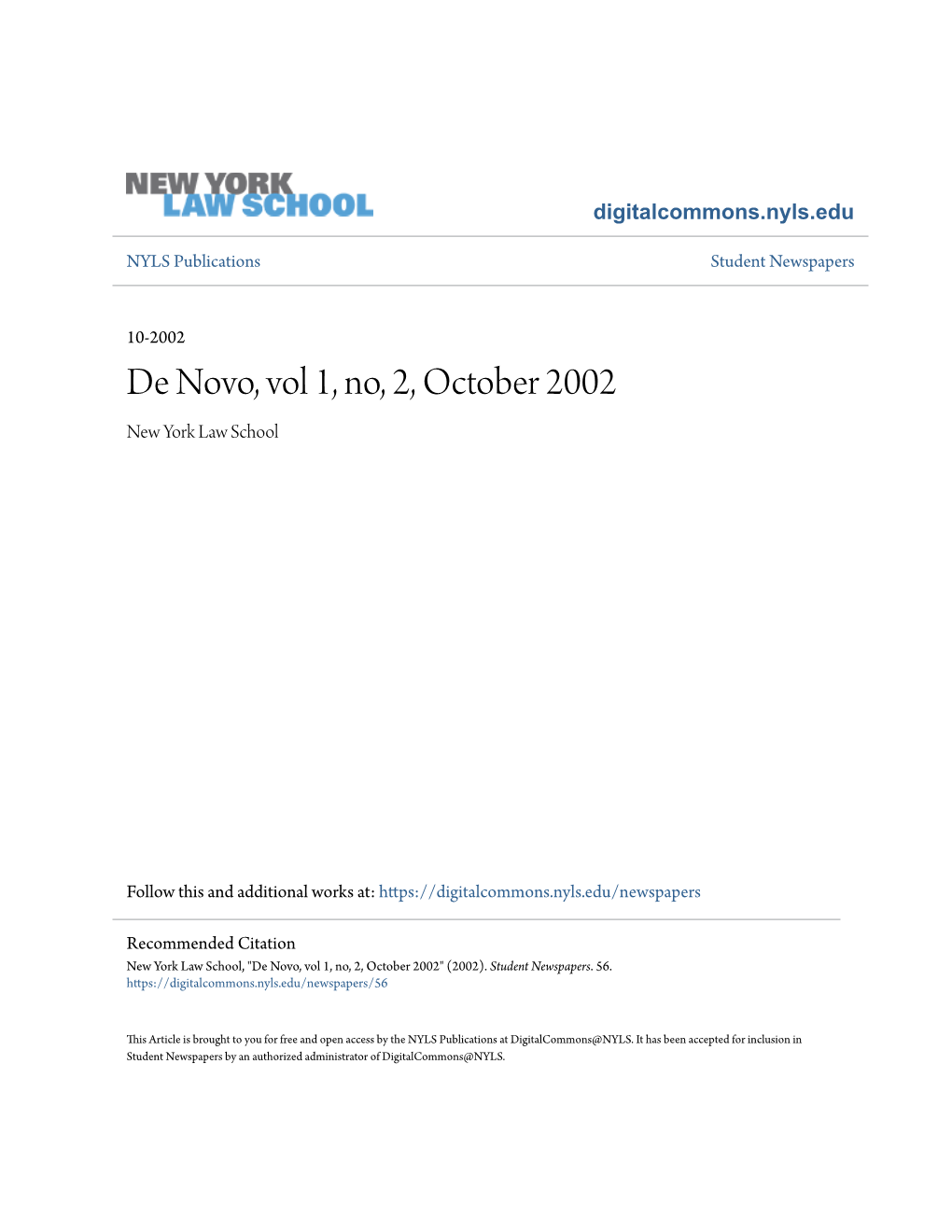 De Novo, Vol 1, No, 2, October 2002 New York Law School