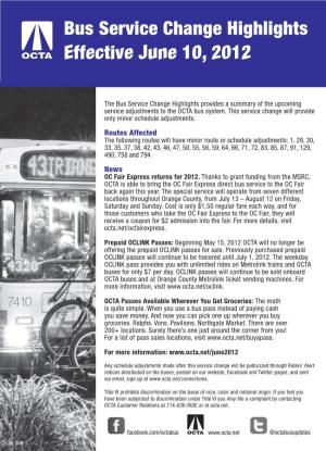 Bus Service Change Highlights Effective June 10, 2012