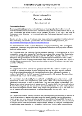 Conservation Advice Zyzomys Palatalis Carpentarian Rock-Rat