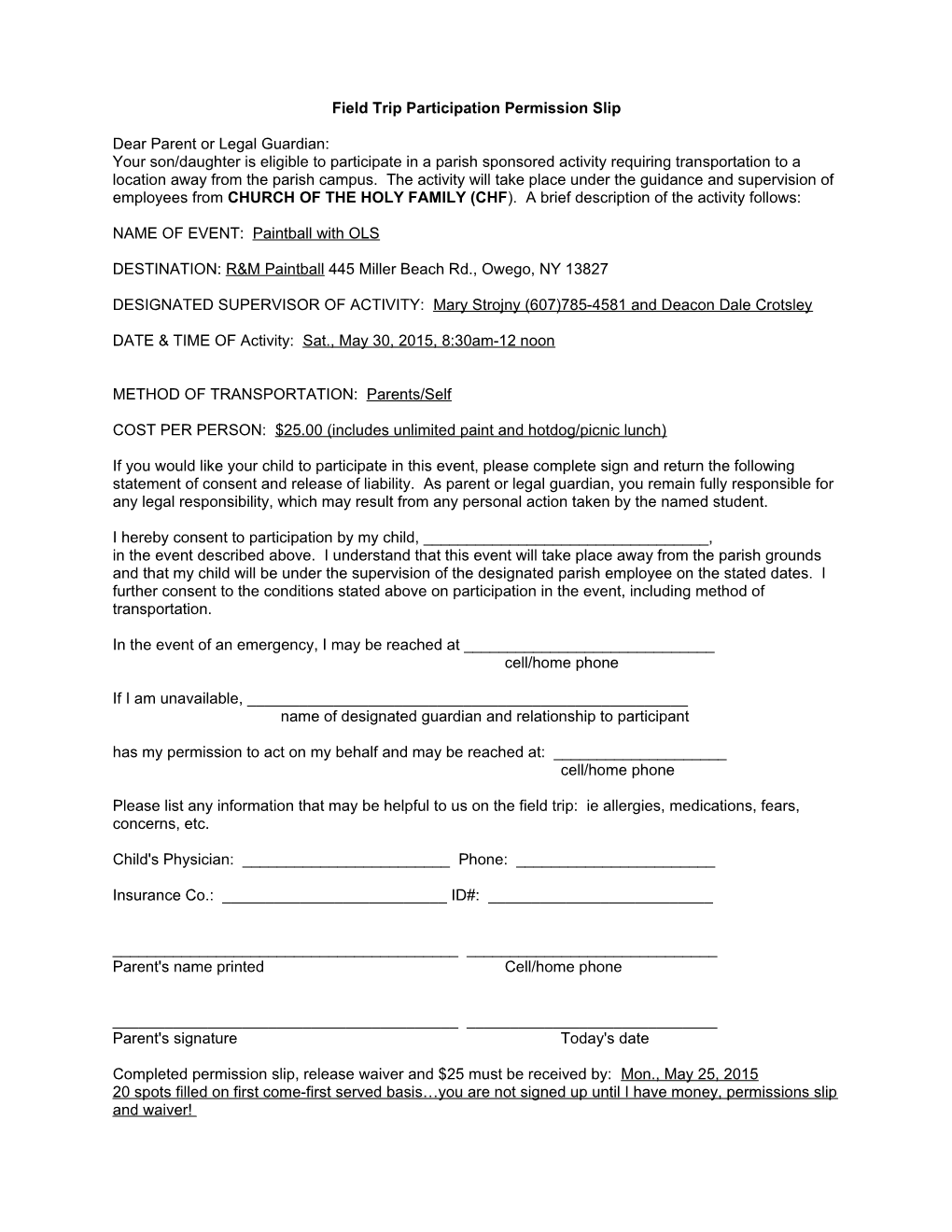 Field Trip Participation Permission Slip