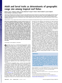 Adult and Larval Traits As Determinants of Geographic Range Size Among Tropical Reef ﬁshes