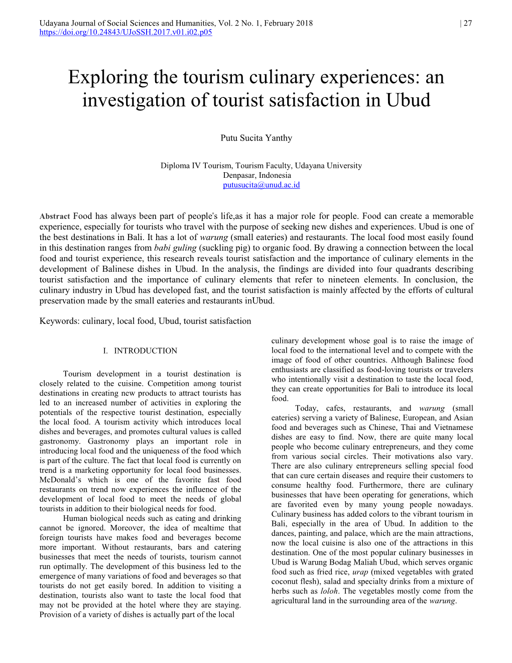 Exploring the Tourism Culinary Experiences: an Investigation of Tourist Satisfaction in Ubud