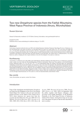 Two New Oreophryne Species from the Fakfak Mountains, West Papua Province of Indonesia (Anura, Microhylidae)