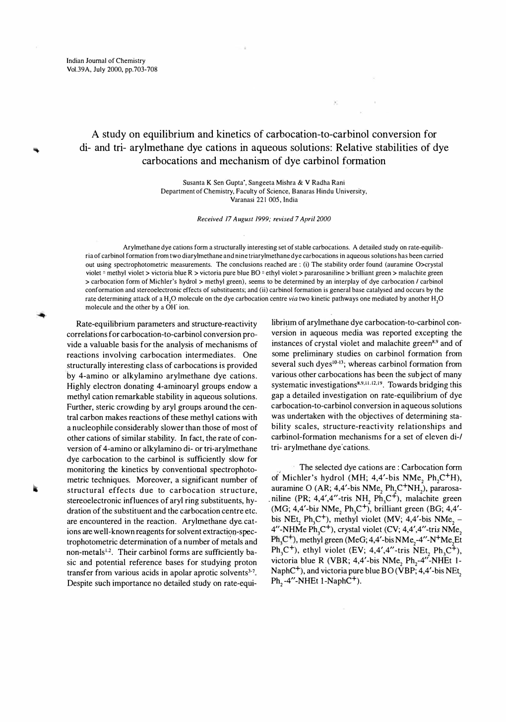 A Study on Equilibrium and Kinetics of Carbocation-To-Carbinol Conversion