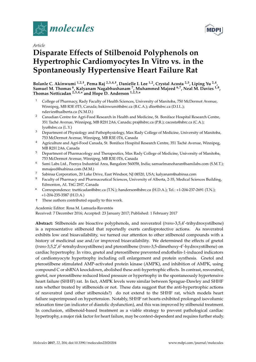 Disparate Effects of Stilbenoid Polyphenols on Hypertrophic Cardiomyocytes in Vitro Vs