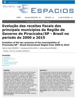 Evolução Das Receitas Fiscais Dos Principais Municípios Da Região De Governo De Piracicaba/SP - Brasil No Período De 2000 a 2015