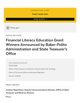 Financial Literacy Education Grant Winners Announced by Baker-Polito Administration and State Treasurer’S Office