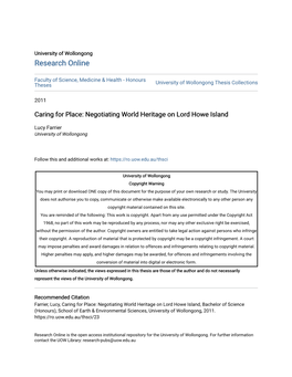 Caring for Place: Negotiating World Heritage on Lord Howe Island