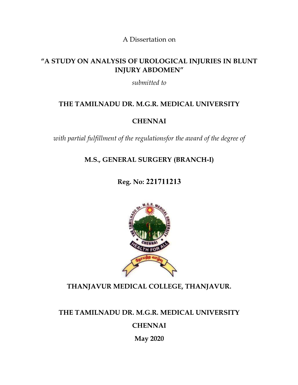 A Dissertation on “A STUDY on ANALYSIS of UROLOGICAL