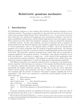 Relativistic Quantum Mechanics (Lecture Notes - A.A