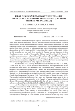 First Canadian Record of the Specialist Hibiscus Bee, PTILOTHRIX BOMBIFORMIS (Cresson) (Hymenoptera: Apidae) Scientific Note J
