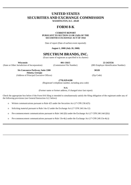 United States Securities and Exchange Commission Form 8-K Spectrum Brands, Inc