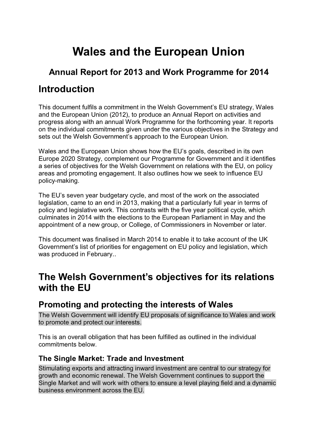 Wales and the European Union: Annual Report For