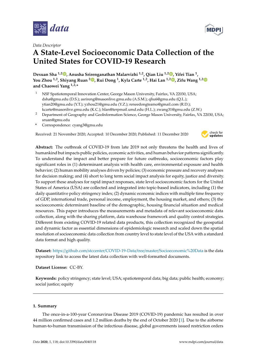 A State-Level Socioeconomic Data Collection of the United States for COVID-19 Research