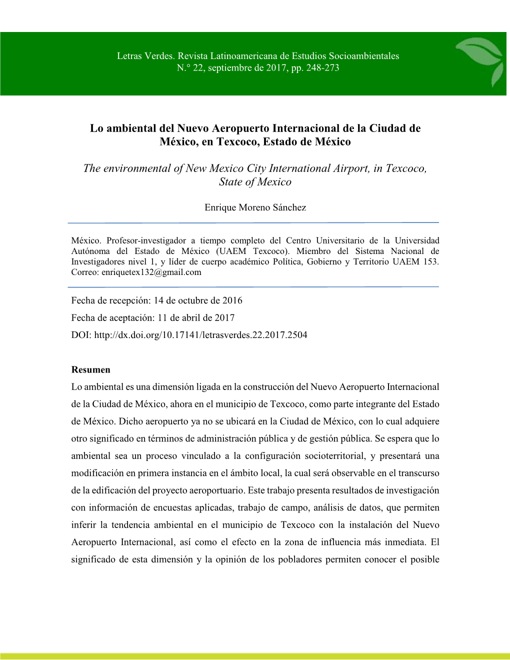 Lo Ambiental Del Nuevo Aeropuerto Internacional De La Ciudad De México, En Texcoco, Estado De México