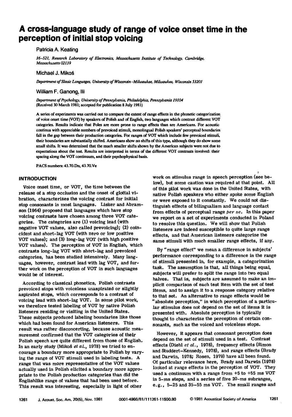 A Cross-Language Study of Range of Voice Onset Time in the Perception