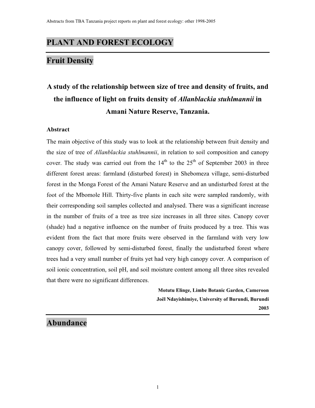 PLANT and FOREST ECOLOGY Fruit Density Abundance