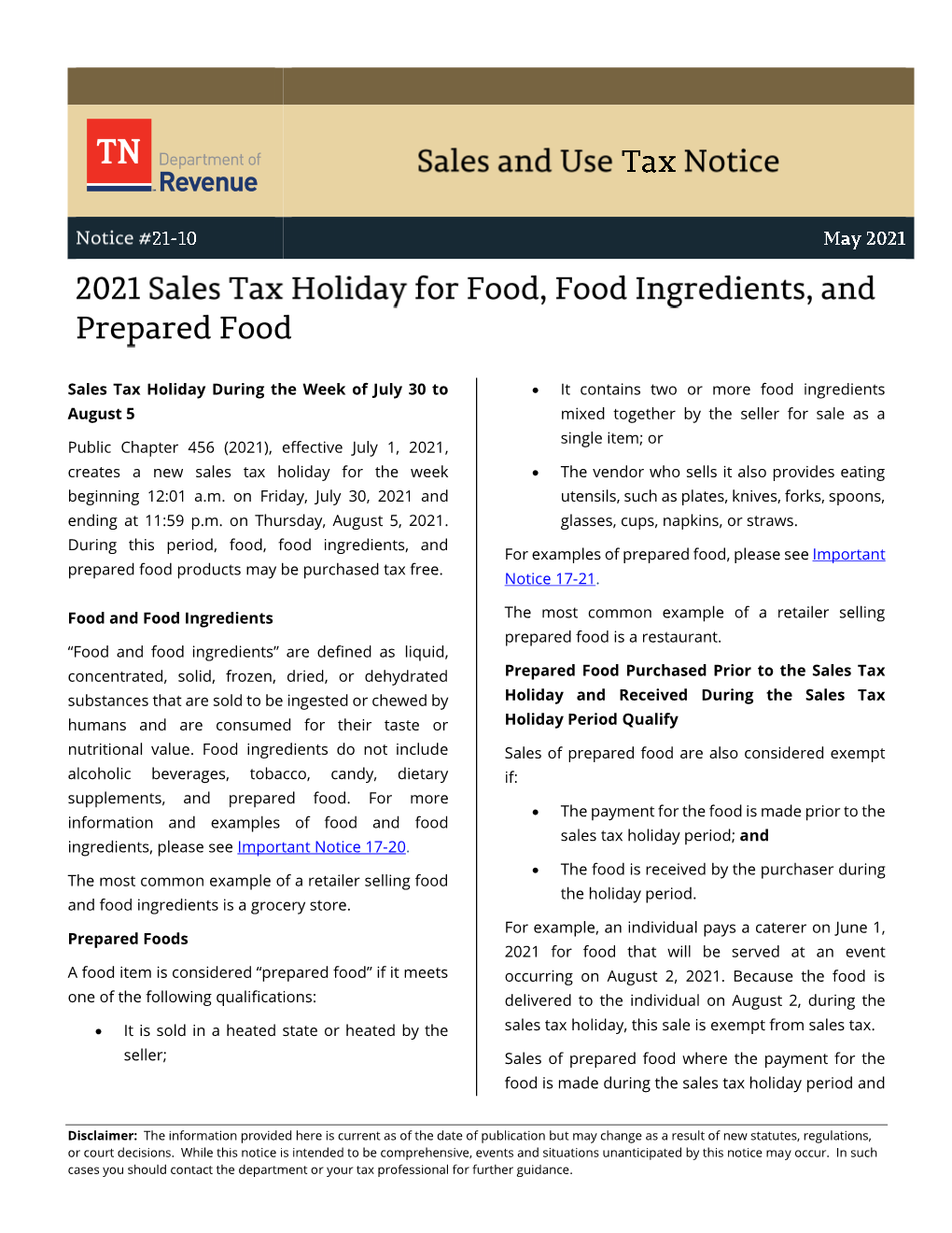 2021 Sales Tax Holiday for Food, Food Ingredients, and Prepared Food