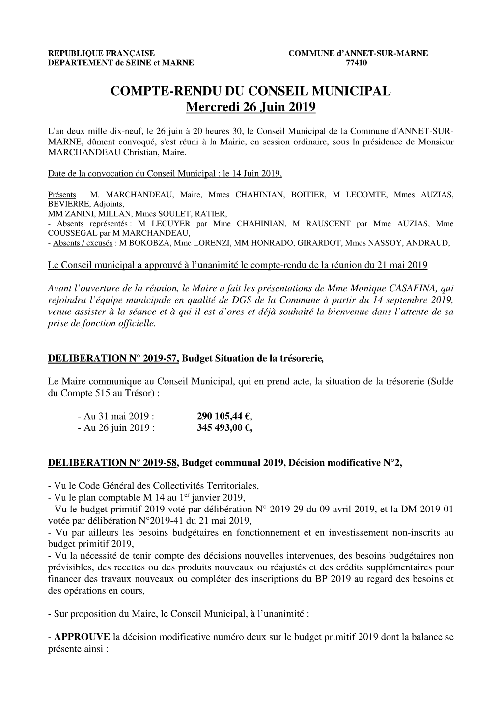 COMPTE-RENDU DU CONSEIL MUNICIPAL Mercredi 26 Juin 2019