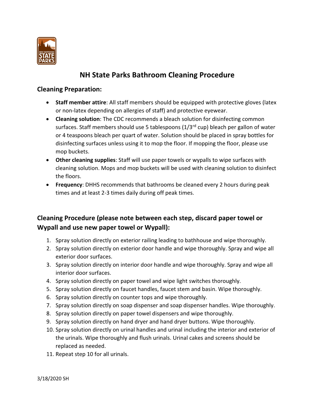 NH State Parks Bathroom Cleaning Procedure Cleaning Preparation