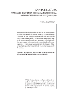 Samba E Cultura Práticas De Resistência Do Departamento Cultural Da Imperatriz Leopoldinense (1967-1973)