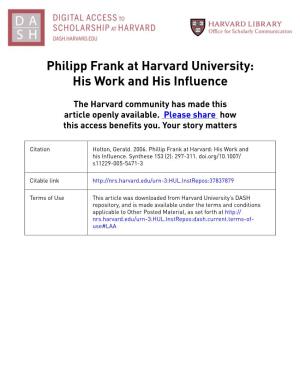 Philipp Frank at Harvard University: His Work and His Influence