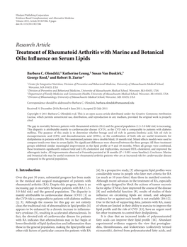 Treatment of Rheumatoid Arthritis with Marine and Botanical Oils: Influence on Serum Lipids