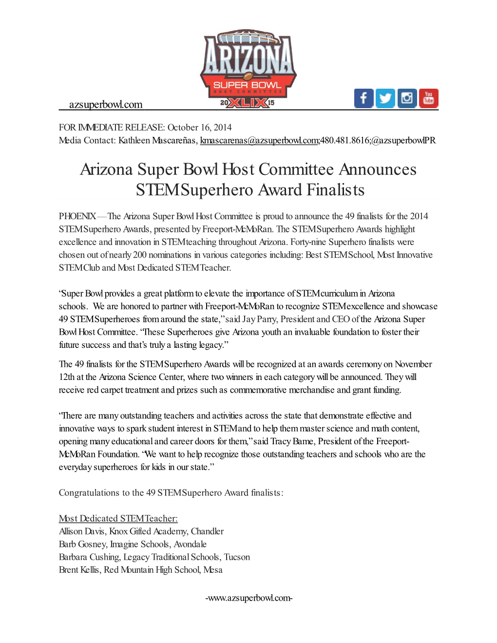 Arizona Super Bowl Host Committee Announces STEM Superhero Award Finalists