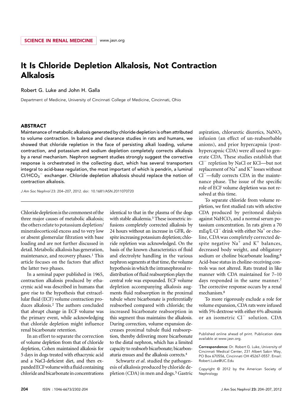 It Is Chloride Depletion Alkalosis, Not Contraction Alkalosis