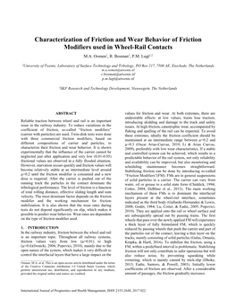Characterization of Friction and Wear Behavior of Friction Modifiers Used in Wheel-Rail Contacts M.A