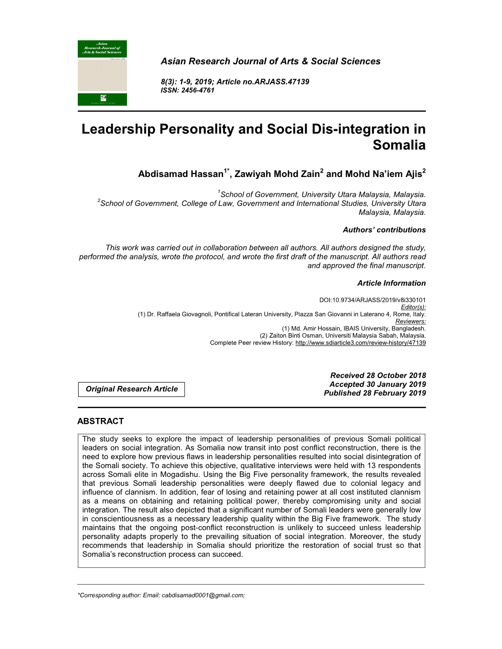 Leadership Personality and Social Dis-Integration in Somalia