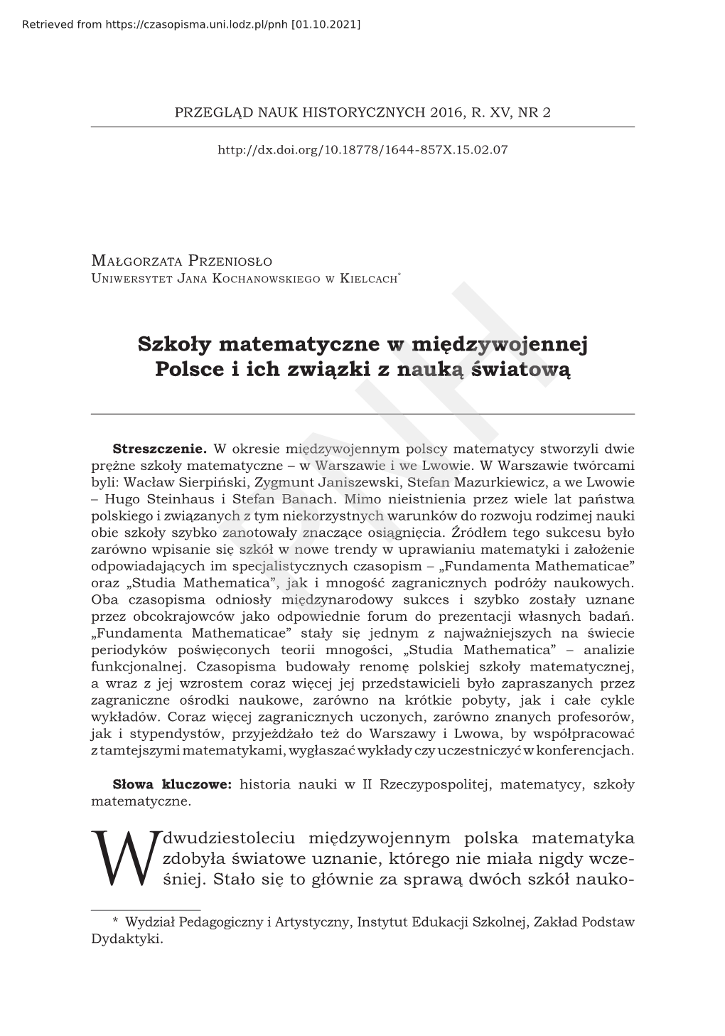 Szkoły Matematyczne W Międzywojennej Polsce I Ich Związki Z Nauką Światową