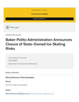 Baker-Polito Administration Announces Closure of State-Owned Ice-Skating Rinks