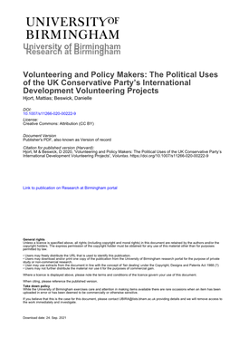 Volunteering and Policy Makers: the Political Uses of the UK Conservative Party’S International Development Volunteering Projects Hjort, Mattias; Beswick, Danielle