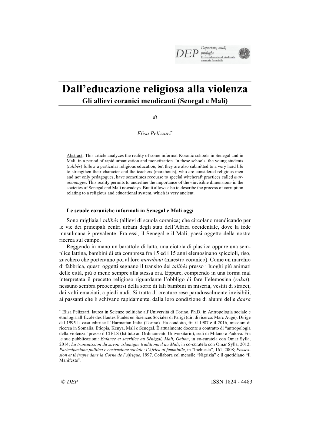 Elisa Pelizzari, Dall'educazione Religiosa Alla Violenza. Gli Allievi