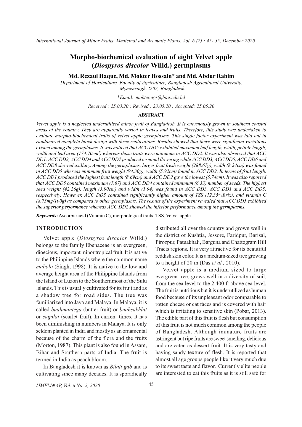 Morpho-Biochemical Evaluation of Eight Velvet Apple (Diospyros Discolor Willd.) Germplasms Md