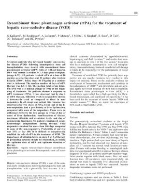 Rtpa) for the Treatment of Hepatic Veno-Occlusive Disease (VOD