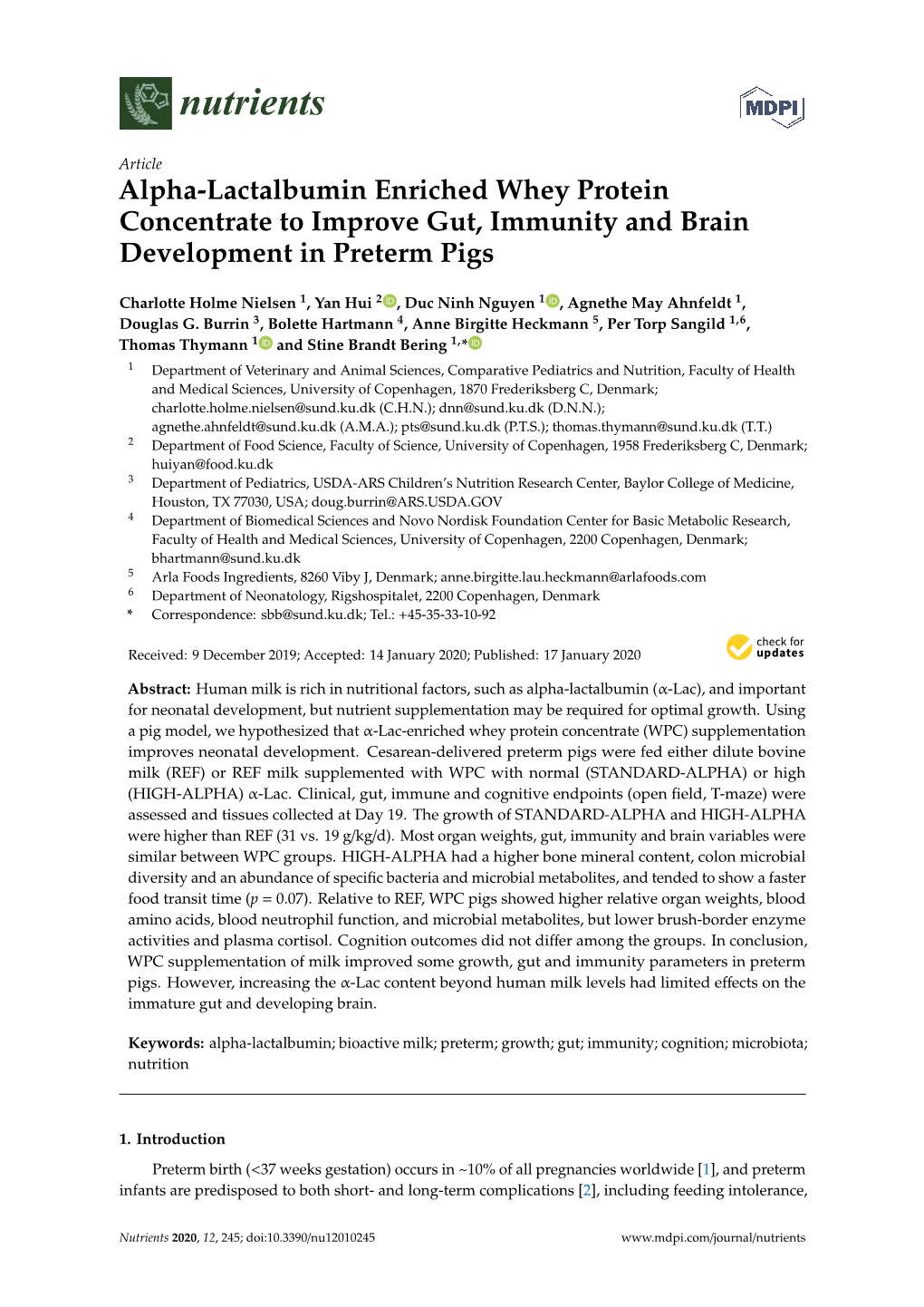 Alpha-Lactalbumin Enriched Whey Protein Concentrate to Improve Gut, Immunity and Brain Development in Preterm Pigs