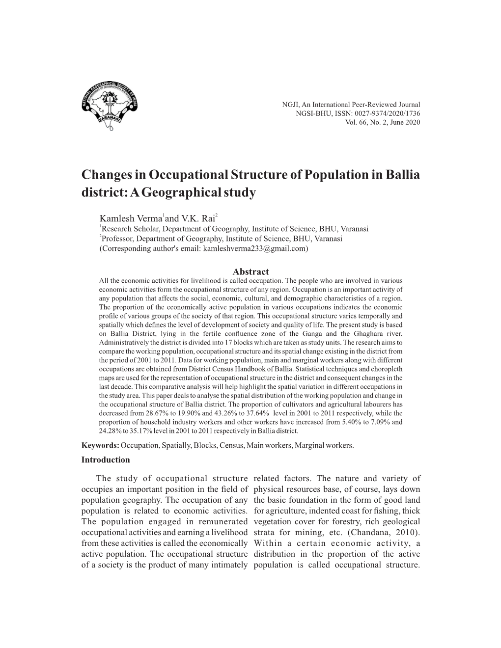 Changes in Occupational Structure of Population in Ballia District: a Geographical Study