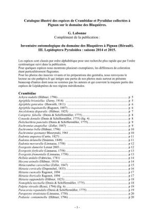 Catalogue Illustré Des Espèces De Crambidae Et Pyralidae Collectées À Pignan Sur Le Domaine Des Blaquières