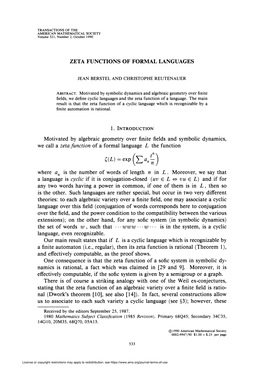 ZETA FUNCTIONS of FORMAL LANGUAGES Motivated By