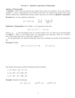 Lecture 3 : Algebraic Expressions, Polynomials