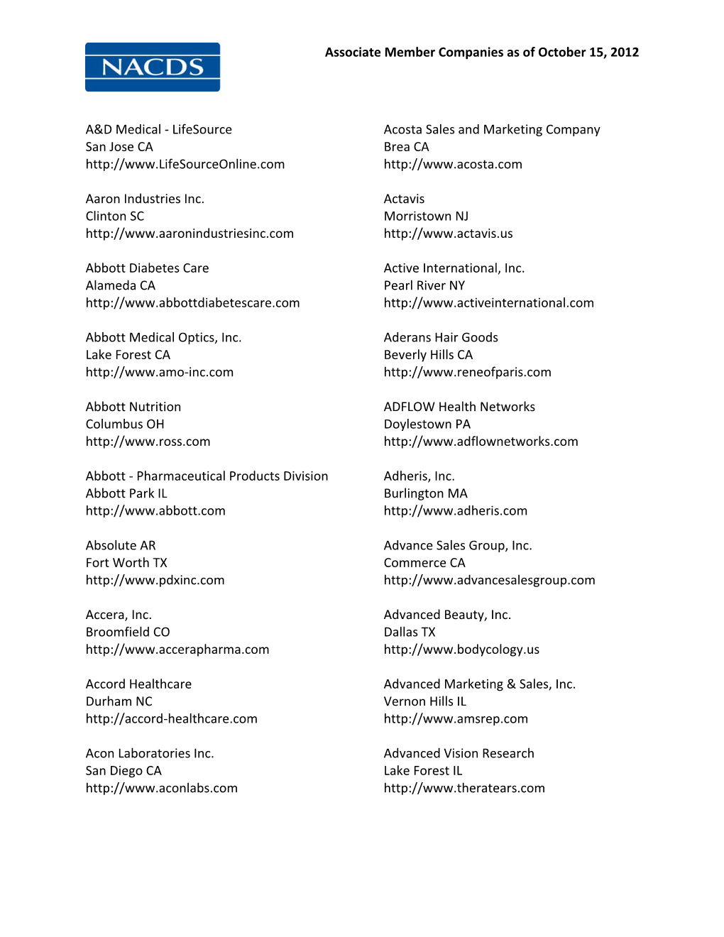 Associate Member Companies As of October 15, 2012 A&D Medical